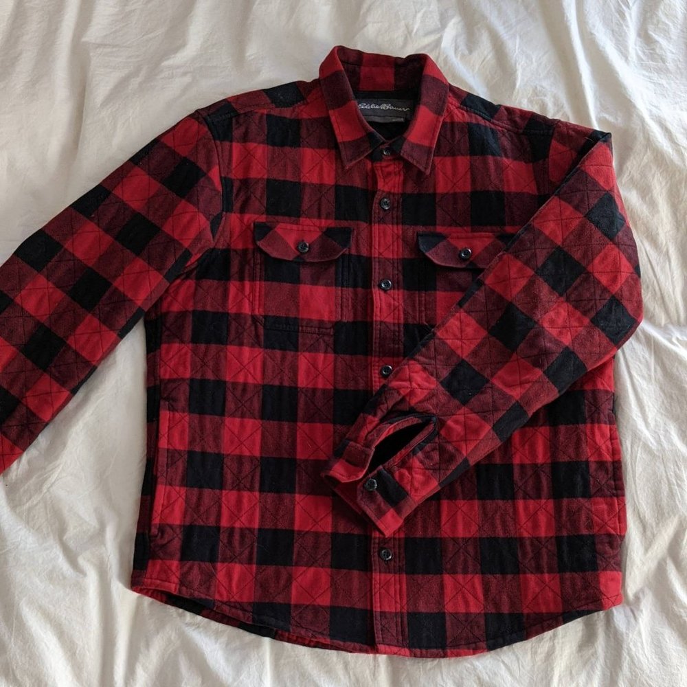 Eddie Bauer Quilted Jacket, size L, red and black plaid